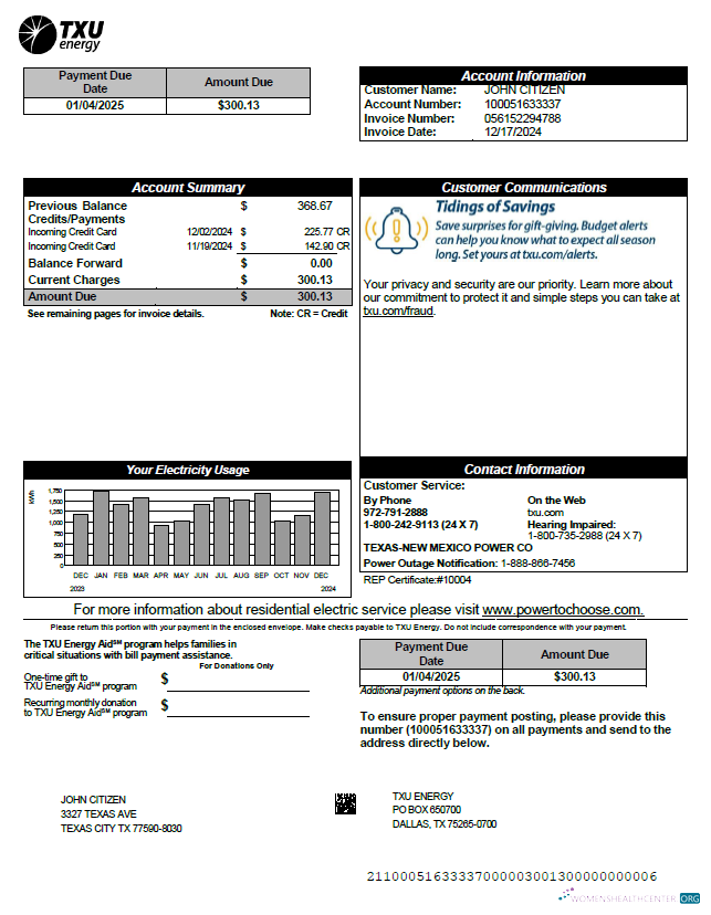 download download USA TXU Energy utility bill template in Word and PDF formats, version 3 PDF template PDF template